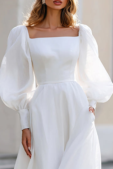Ivory Square Neck Long Sleeves A Line Wedding Dress